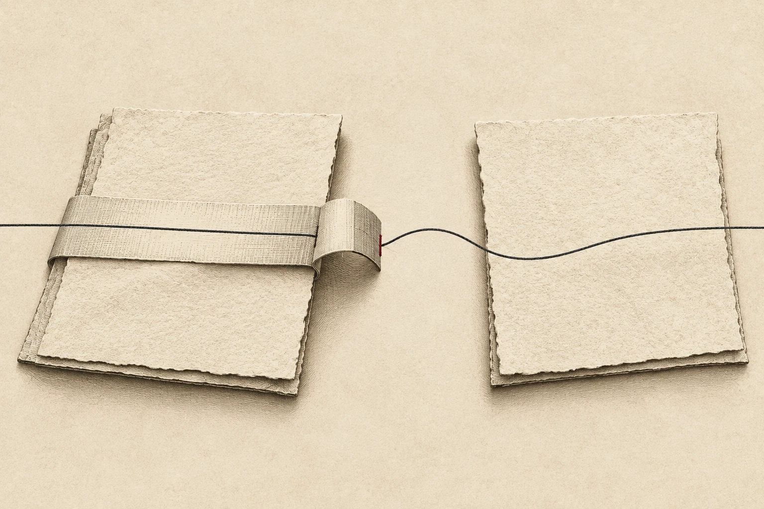 A narrow paper band holds two sheets together as a fine line passes through their opening.