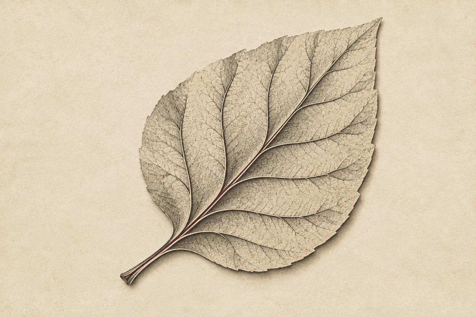 A single cut-paper leaf has nine engraved veins joined to one stem.