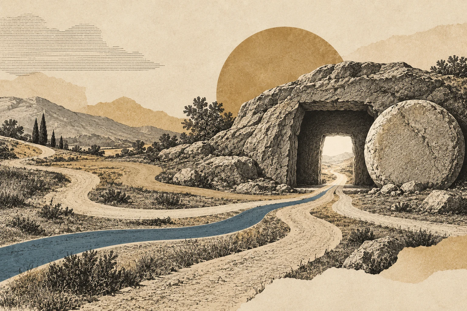 Several engraved paths converge at an empty stone opening and continue into the distance.