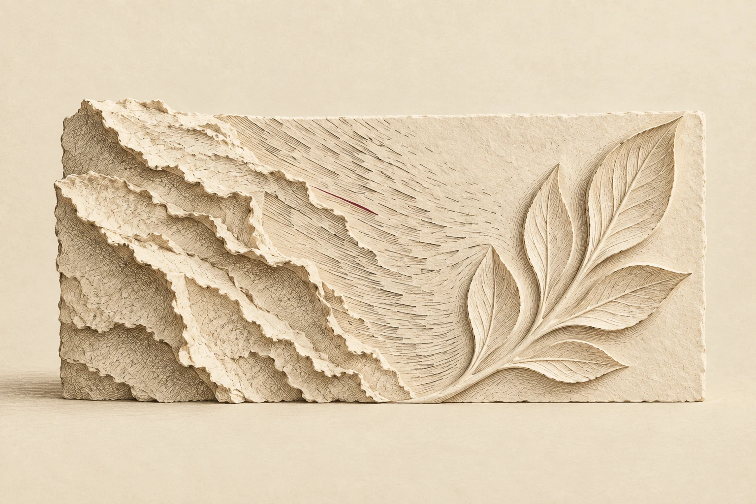 A leaf-shaped relief emerges from an ivory block marked by many fine engraved strokes.