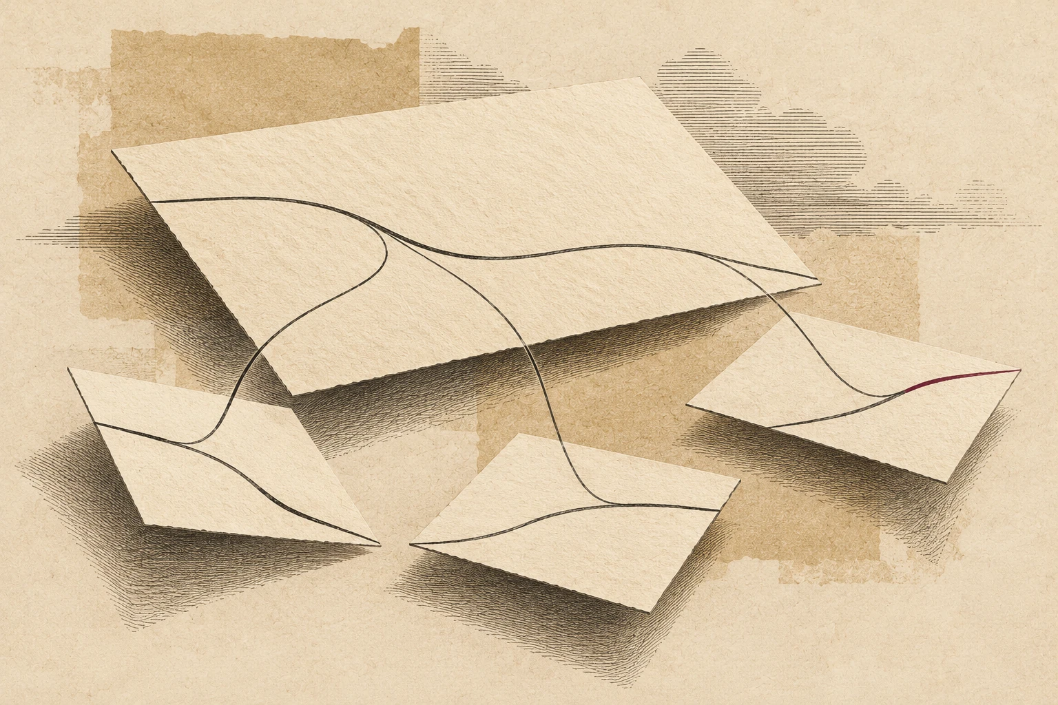 One engraved line crosses a large sheet and continues in altered paths across three angled paper planes.