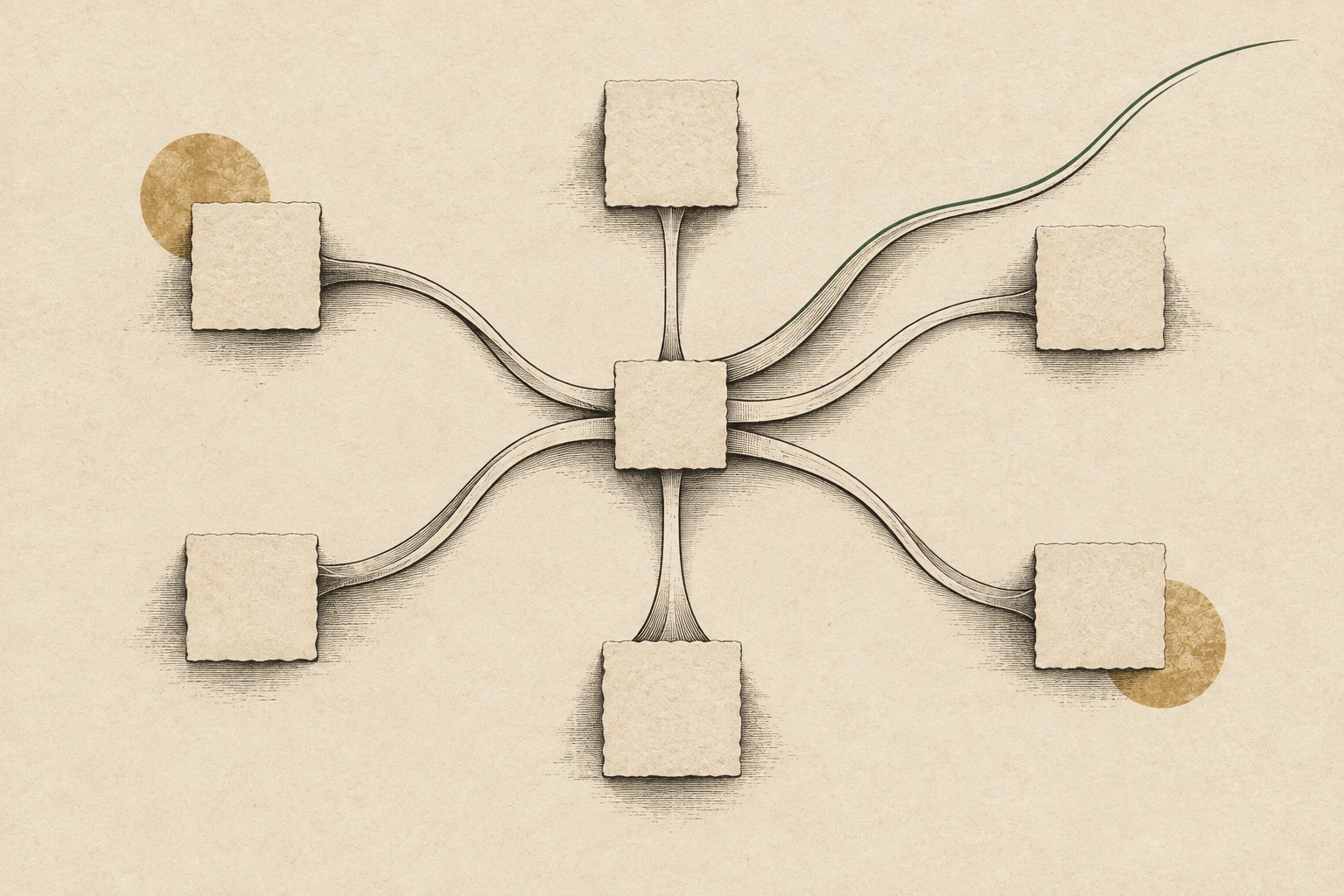 A central blank square connects by branching paths to six separate squares, with one branch left open.