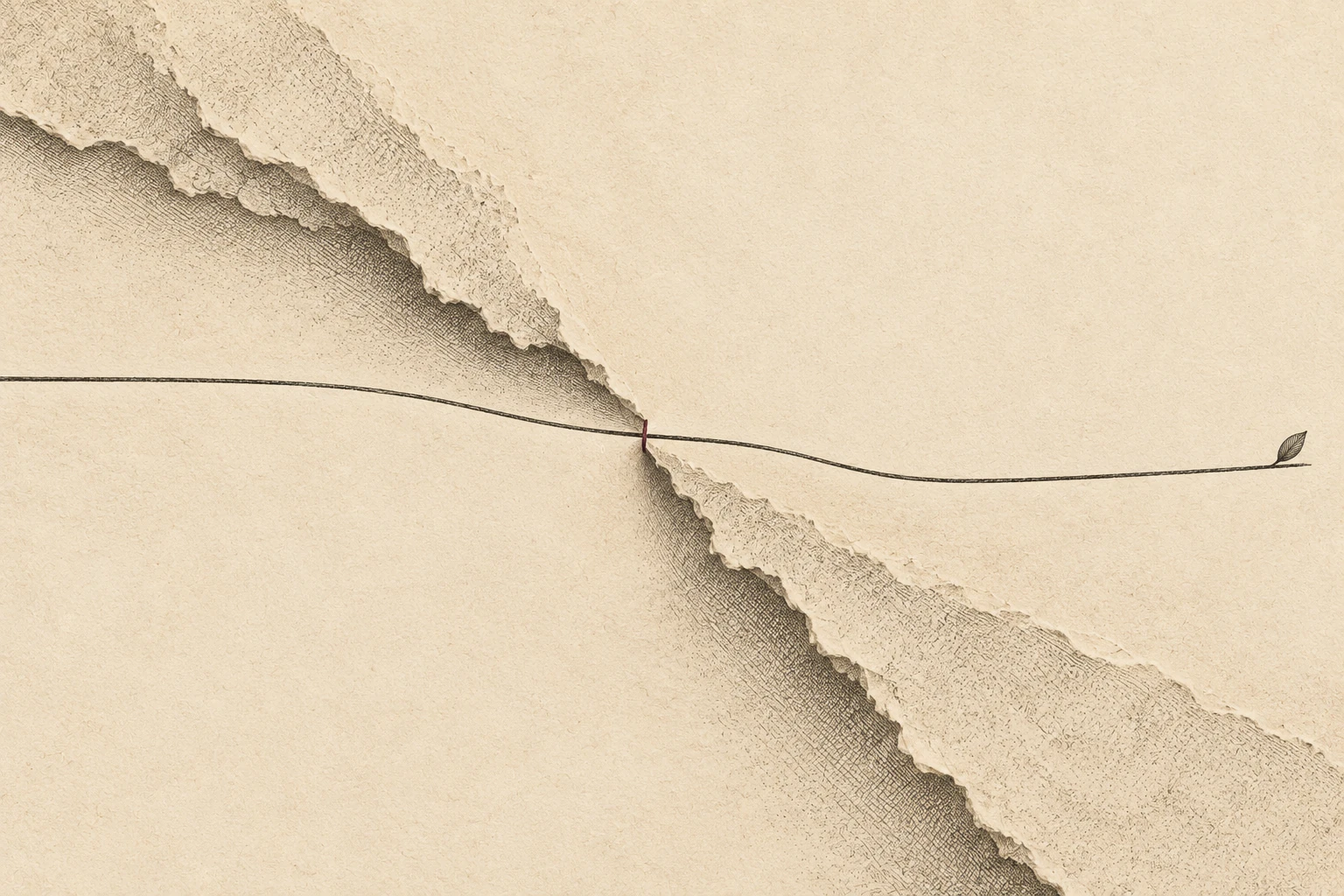A fine path passes between two torn paper ridges toward a small leaf; a red stitch marks the passage.
