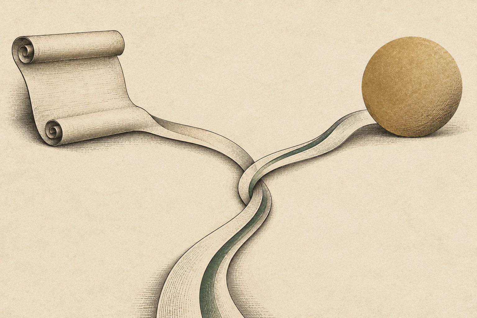 Two distinct paper paths, one beside a blank scroll and one beside a plain disk, meet and continue together.