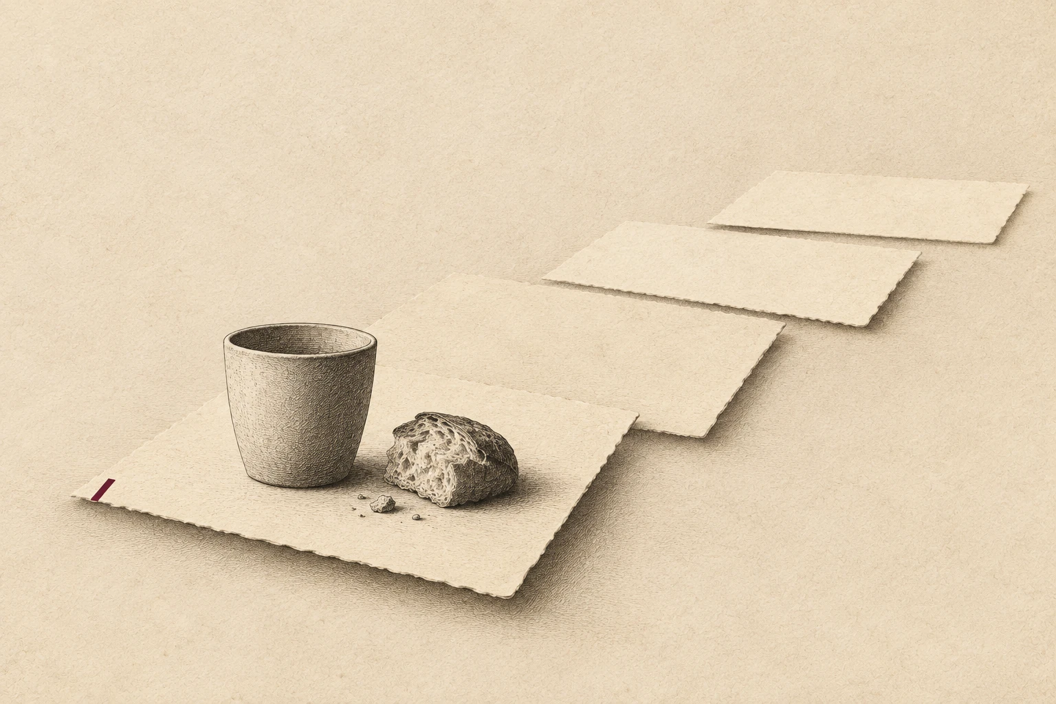 A cup and a piece of bread rest on the nearest of several layered blank paper planes.