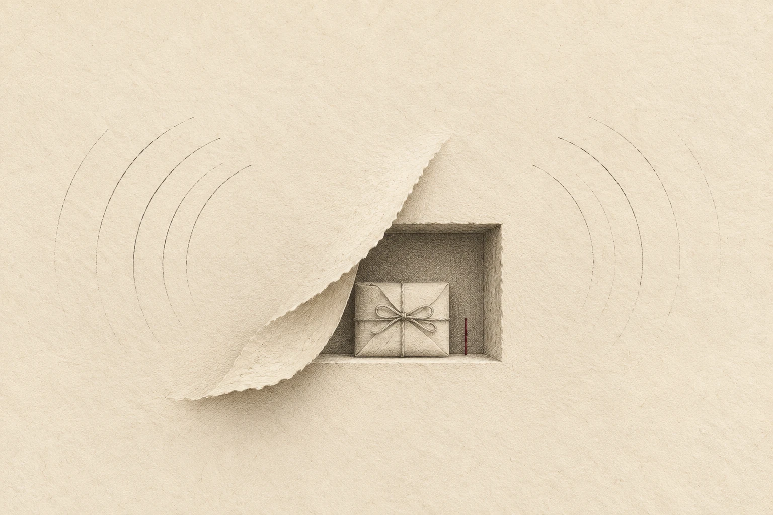 A small folded paper gift rests beneath a lifted ivory layer, with faint arcs stopping outside.